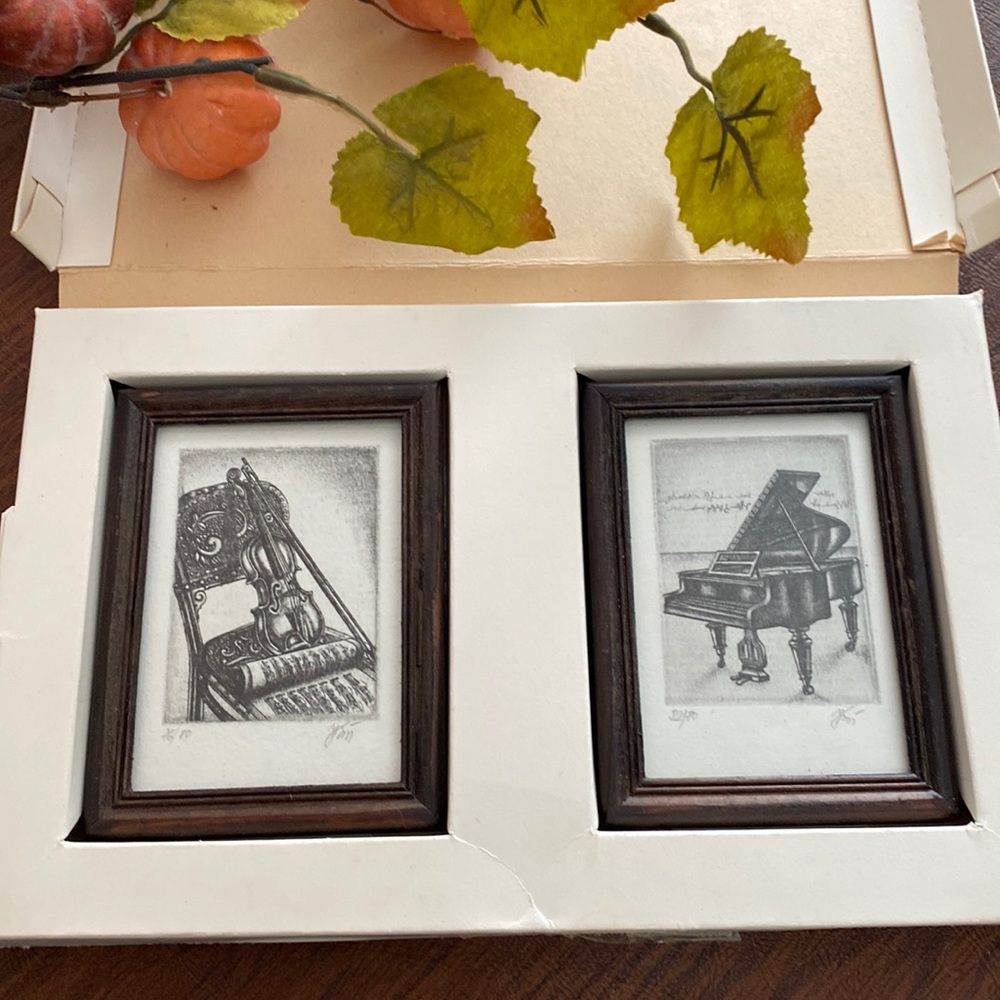 Beautiful Detailed Mini Etchings of a Piano/Violin. Set of 2